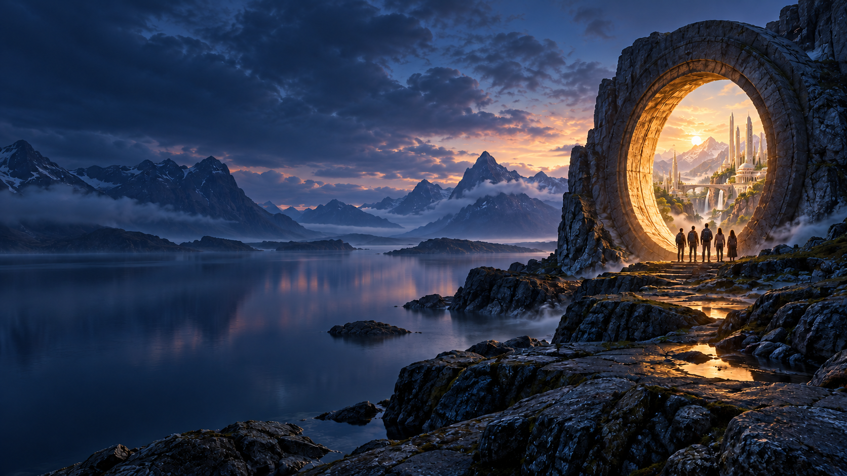 Five people looking through a stone portal into a luminous future city